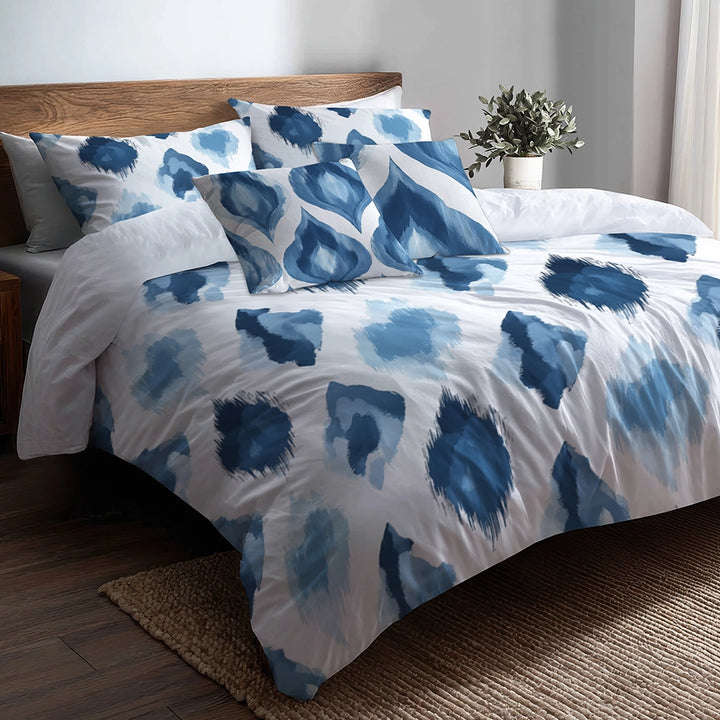 Ikat Bedding Set 5 Pcs - Blue And White Calm Ikat Duvet Cover And Throw Pillow Set