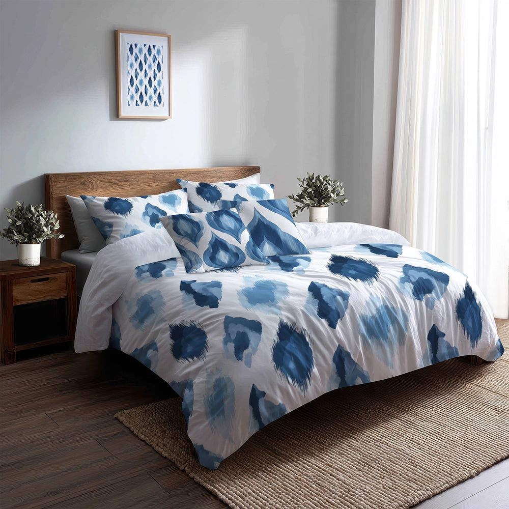 Ikat Bedding Set 5 Pcs - Blue And White Calm Ikat Duvet Cover And Throw Pillow Set