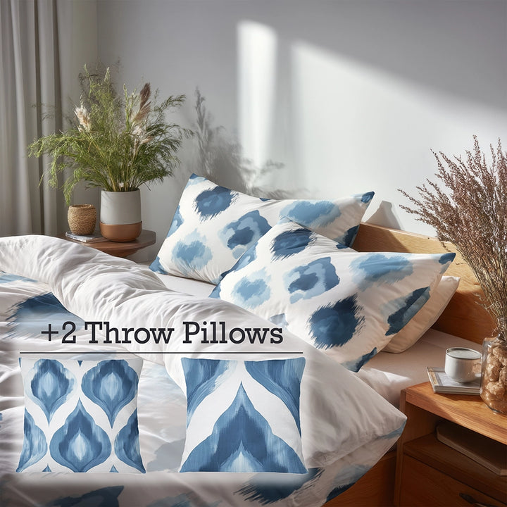 Ikat Bedding Set 5 Pcs - Blue And White Calm Ikat Duvet Cover And Throw Pillow Set