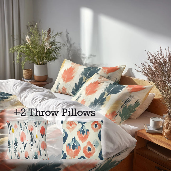Boho Bedding Set of 5 - Meadow Ikat Duvet Cover And Throw Cushion Set