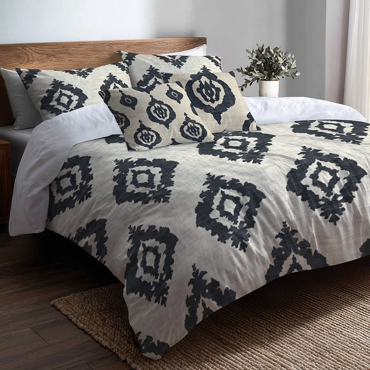 Ikat Duvet Cover Set of 5 - Black And Beige Ikat Bedding And Throw Pillow Set