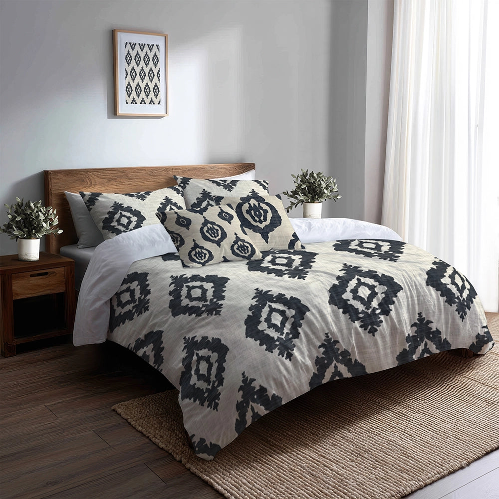 Ikat Duvet Cover Set of 5 - Black And Beige Ikat Bedding And Throw Pillow Set