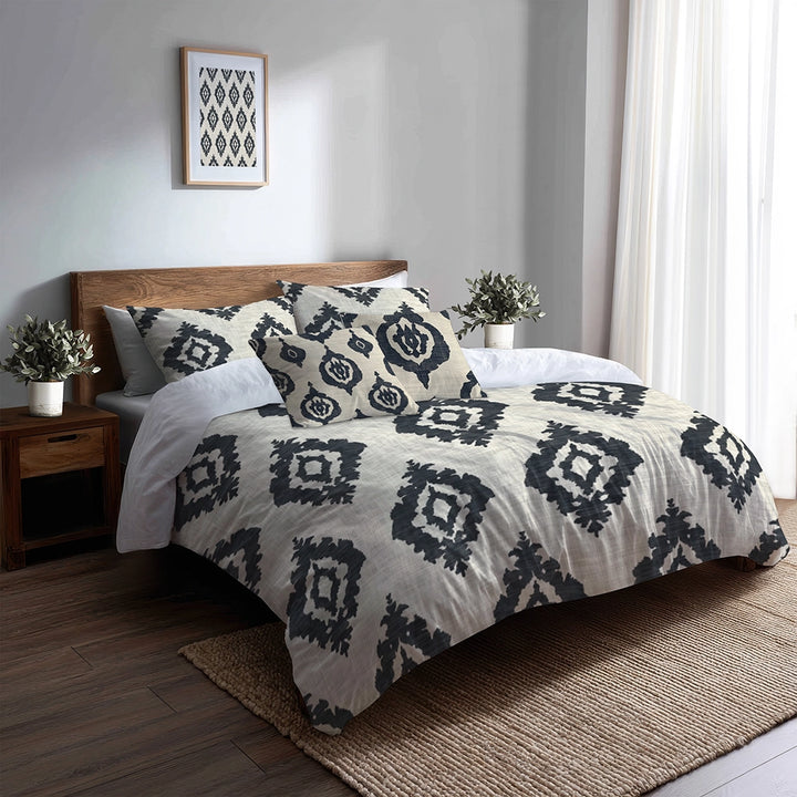 Ikat Duvet Cover Set of 5 - Black And Beige Ikat Bedding And Throw Pillow Set