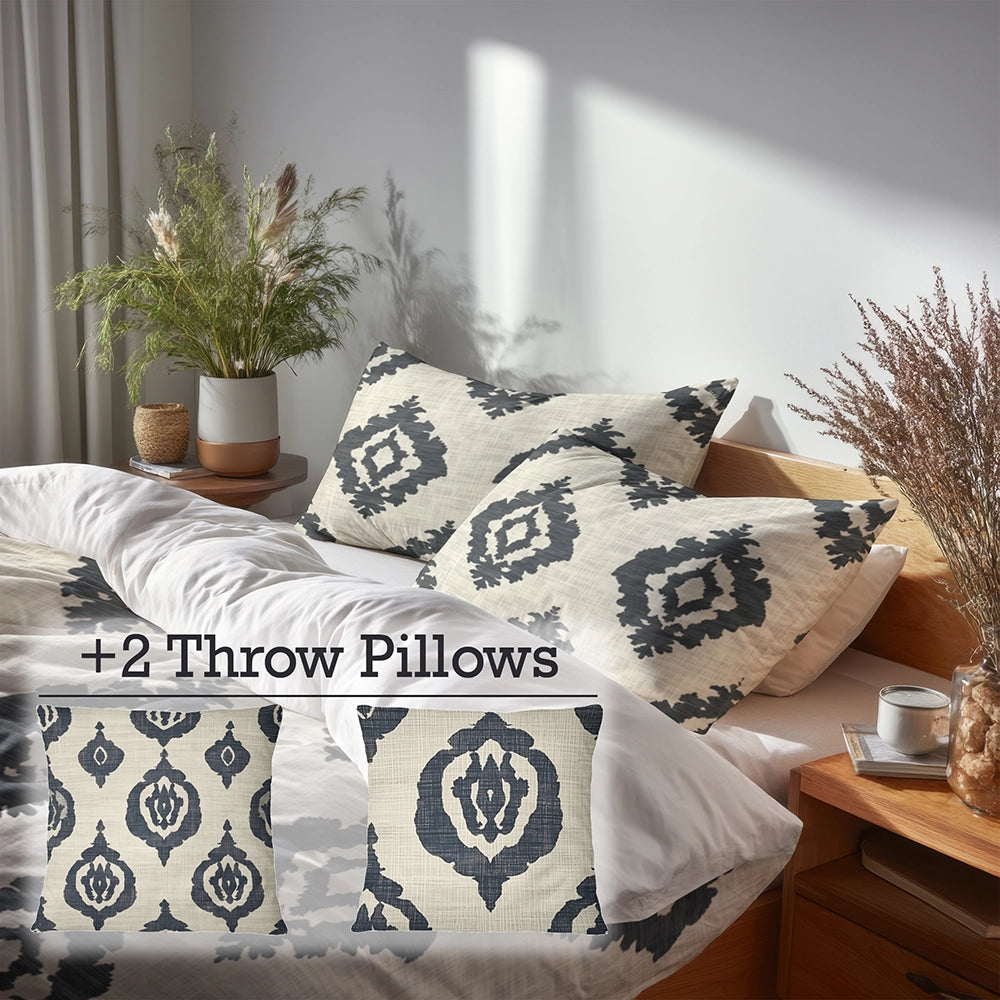 Ikat Duvet Cover Set of 5 - Black And Beige Ikat Bedding And Throw Pillow Set