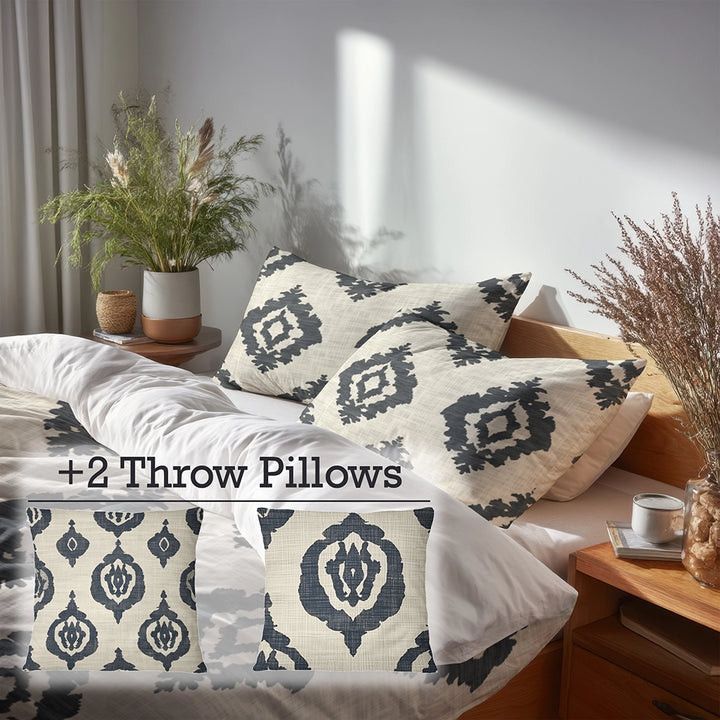Ikat Duvet Cover Set of 5 - Black And Beige Ikat Bedding And Throw Pillow Set
