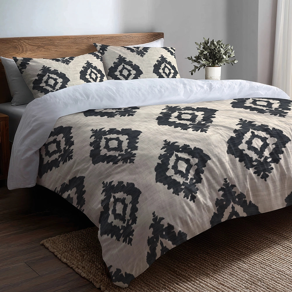 Ikat Duvet Cover Set of 5 - Black And Beige Ikat Bedding And Throw Pillow Set