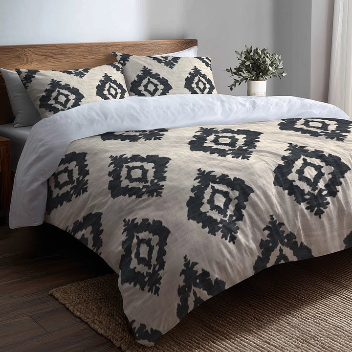 Ikat Duvet Cover Set of 5 - Black And Beige Ikat Bedding And Throw Pillow Set