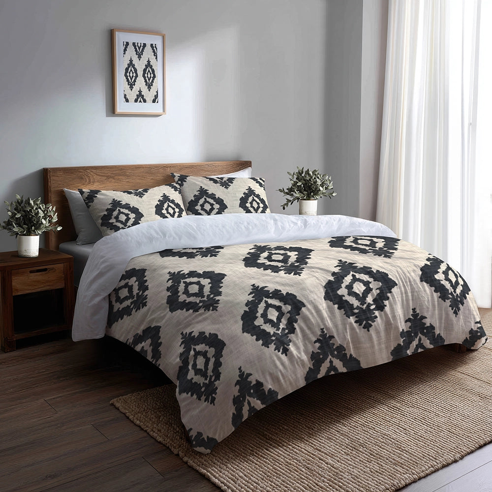 Ikat Duvet Cover Set of 5 - Black And Beige Ikat Bedding And Throw Pillow Set