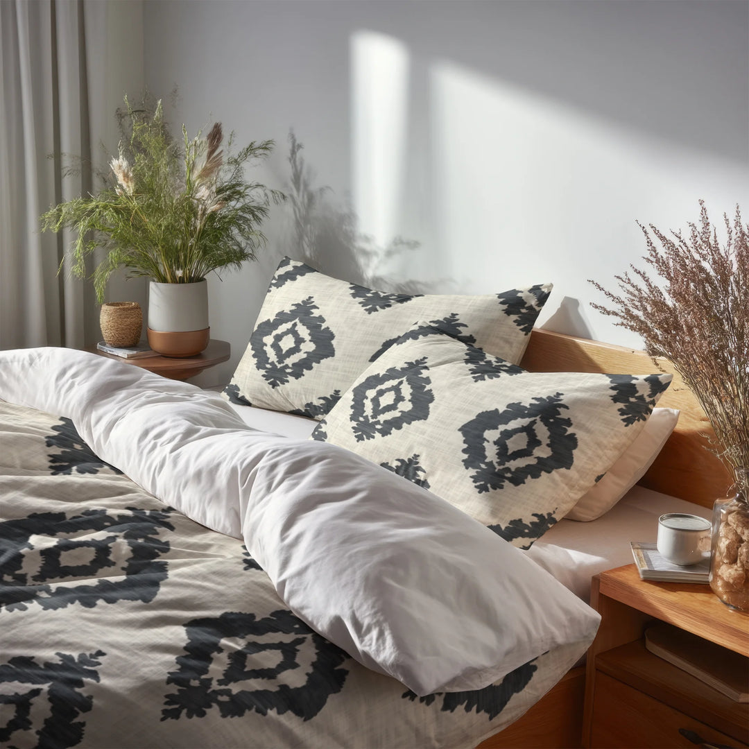 Ikat Duvet Cover Set of 5 - Black And Beige Ikat Bedding And Throw Pillow Set