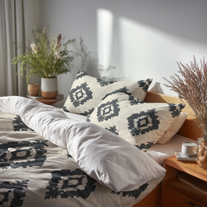 Ikat Duvet Cover Set of 5 - Black And Beige Ikat Bedding And Throw Pillow Set