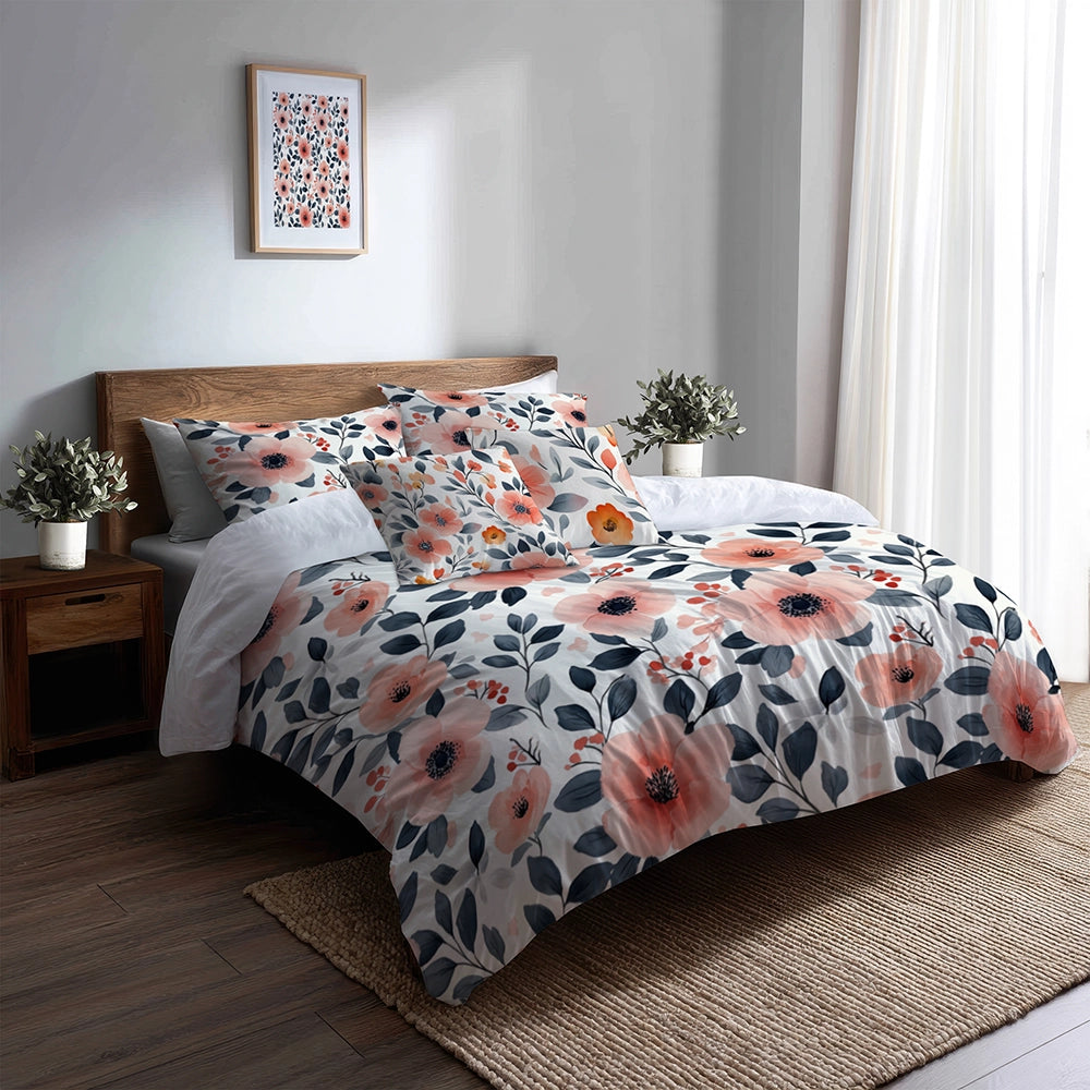Floral 5 Pcs Bedding Set - Botanical Flower Garden Duvet Cover And Pillow Set