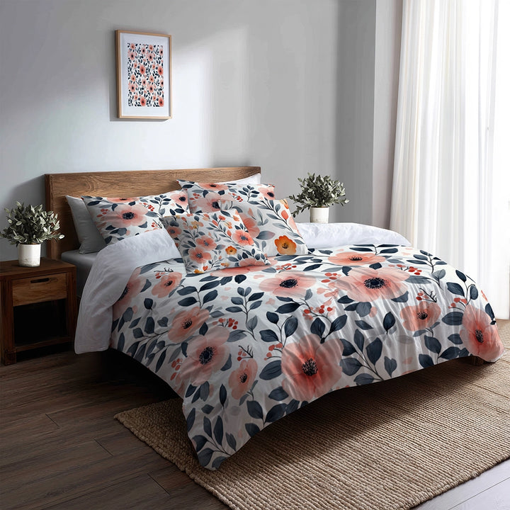 Floral 5 Pcs Bedding Set - Botanical Flower Garden Duvet Cover And Pillow Set