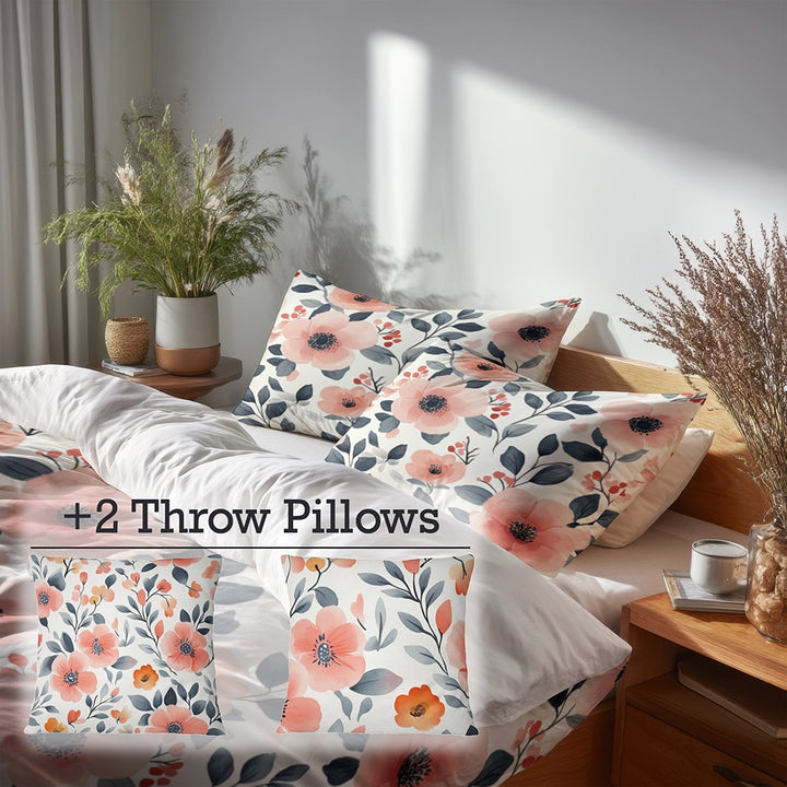 Floral 5 Pcs Bedding Set - Botanical Flower Garden Duvet Cover And Pillow Set