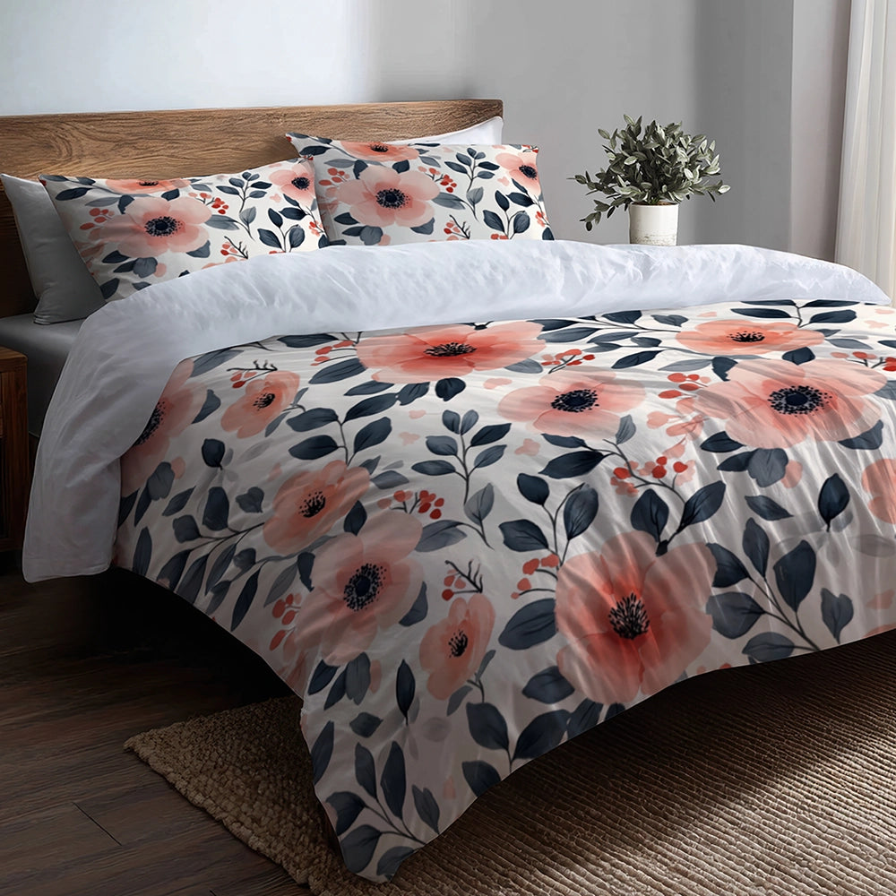 Floral 5 Pcs Bedding Set - Botanical Flower Garden Duvet Cover And Pillow Set