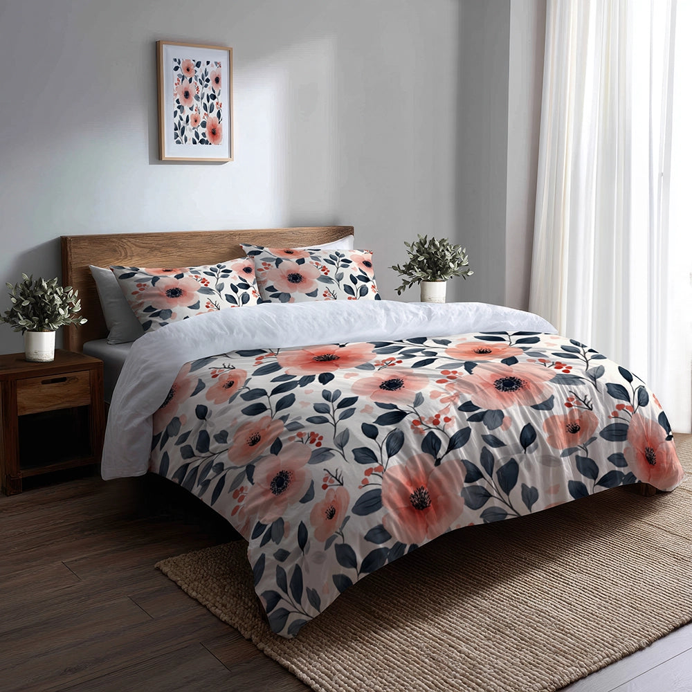 Floral 5 Pcs Bedding Set - Botanical Flower Garden Duvet Cover And Pillow Set