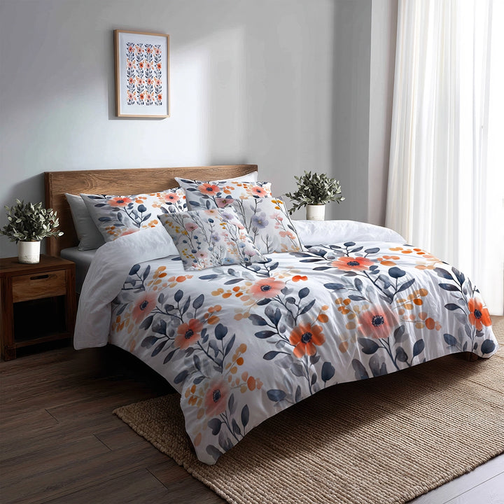 French Country Bedding Set of 5 - Bloom Line Of Poppies Duvet Cover And Throw Pillow Set