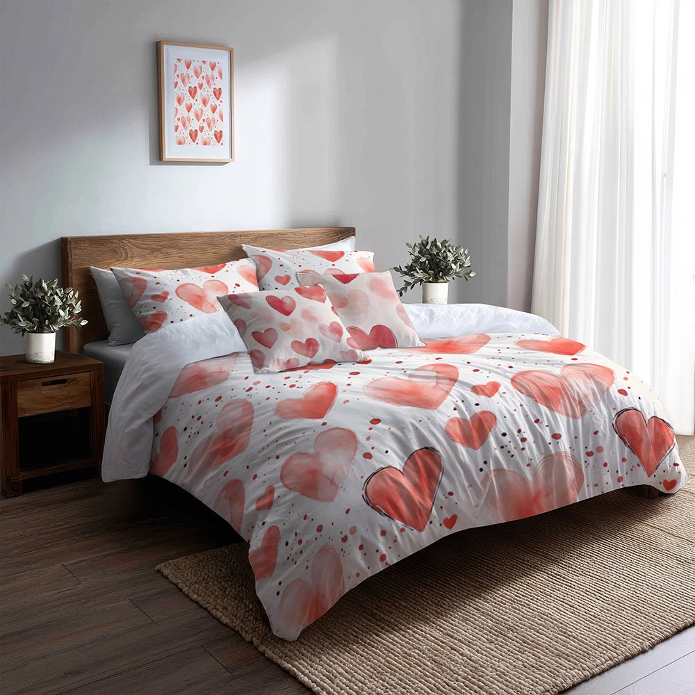 French Country Bedding Set of 5 - Cozy Hearts Duvet Cover And Throw Pillow Set