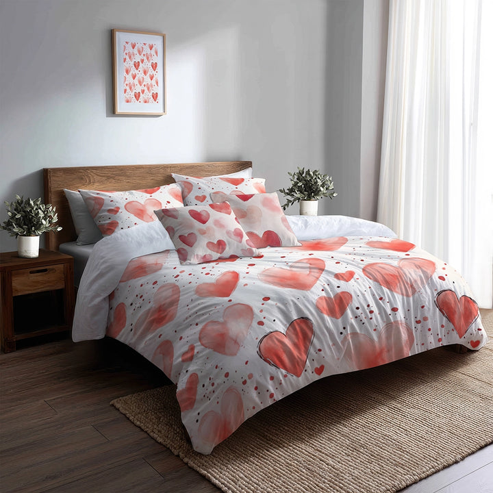 French Country Bedding Set of 5 - Cozy Hearts Duvet Cover And Throw Pillow Set