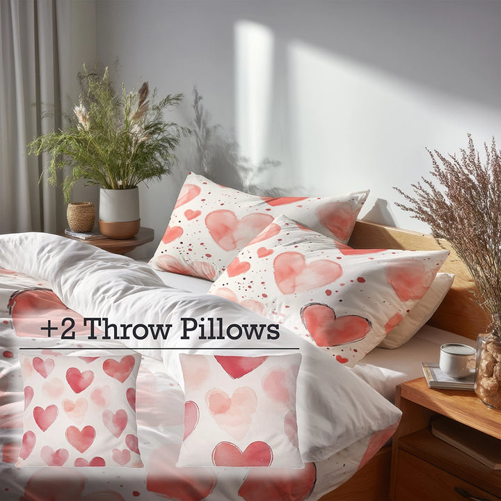 French Country Bedding Set of 5 - Cozy Hearts Duvet Cover And Throw Pillow Set