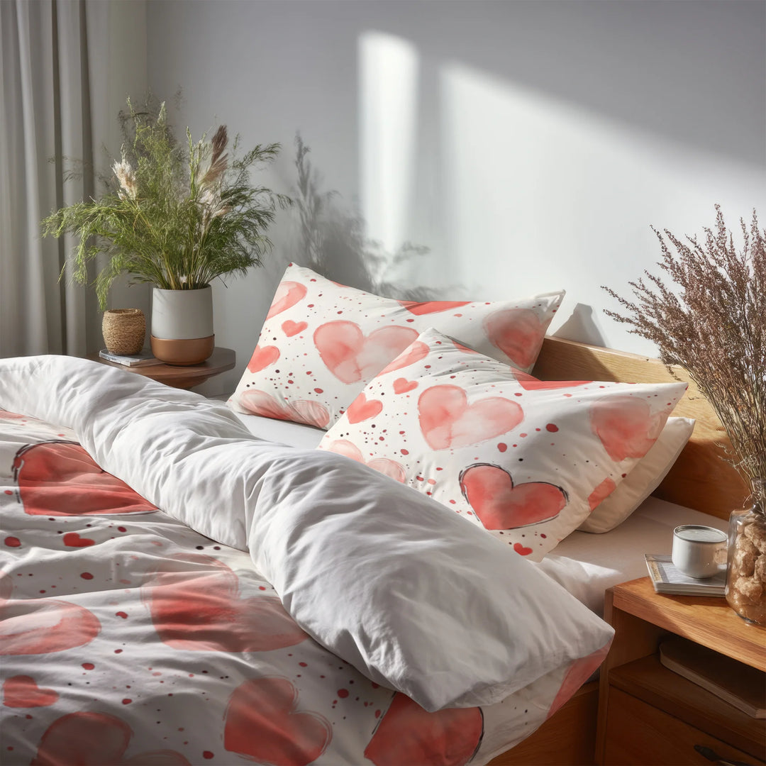 French Country Bedding Set of 5 - Cozy Hearts Duvet Cover And Throw Pillow Set