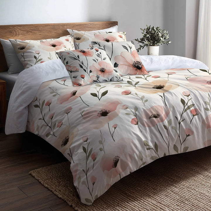 Floral 5 Pcs Bedding Set - Blush Fields Duvet Cover And Pillow Set