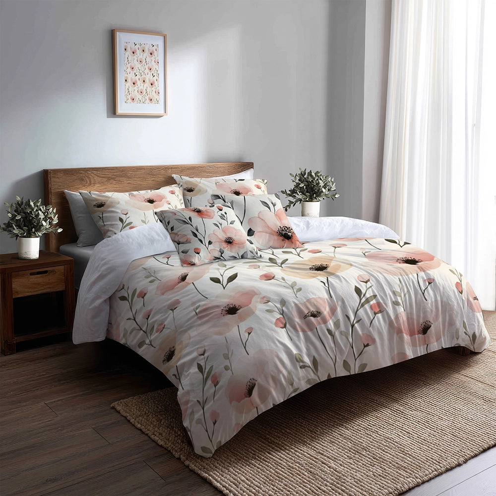 Floral 5 Pcs Bedding Set - Blush Fields Duvet Cover And Pillow Set