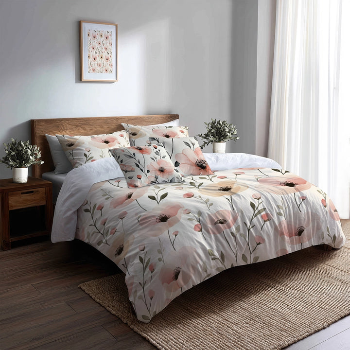 Floral 5 Pcs Bedding Set - Blush Fields Duvet Cover And Pillow Set