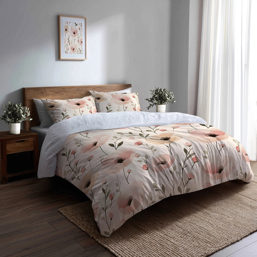 Floral 5 Pcs Bedding Set - Blush Fields Duvet Cover And Pillow Set