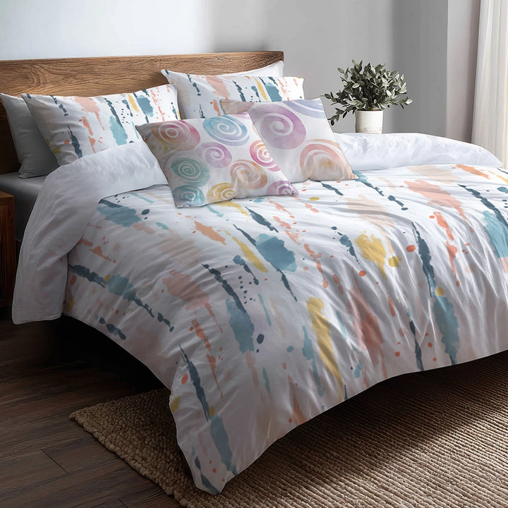 Modern Bedding Set of 5 - Pastel Drip Duvet Cover And Throw Cushion Set