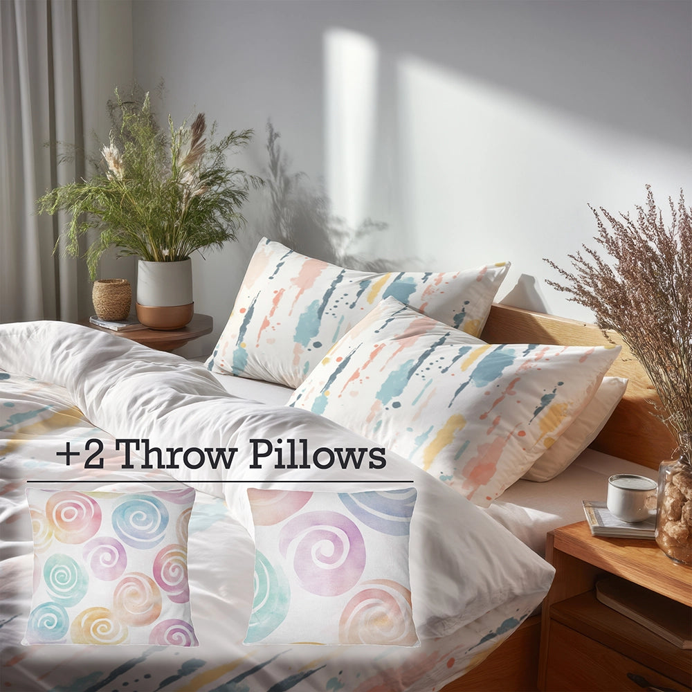 Modern Bedding Set of 5 - Pastel Drip Duvet Cover And Throw Cushion Set