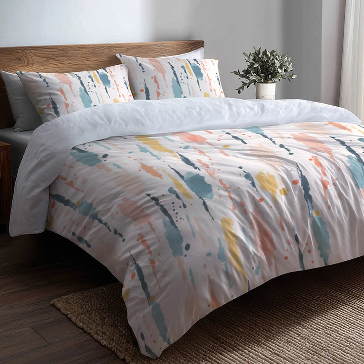 Modern Bedding Set of 5 - Pastel Drip Duvet Cover And Throw Cushion Set
