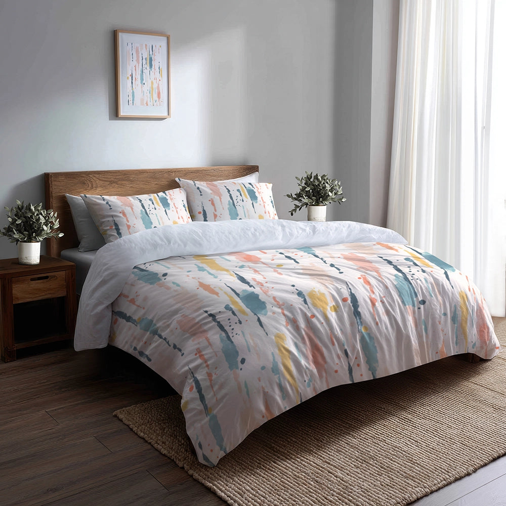 Modern Bedding Set of 5 - Pastel Drip Duvet Cover And Throw Cushion Set