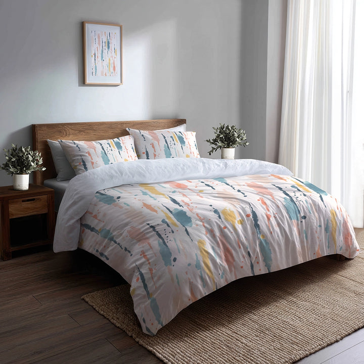 Modern Bedding Set of 5 - Pastel Drip Duvet Cover And Throw Cushion Set