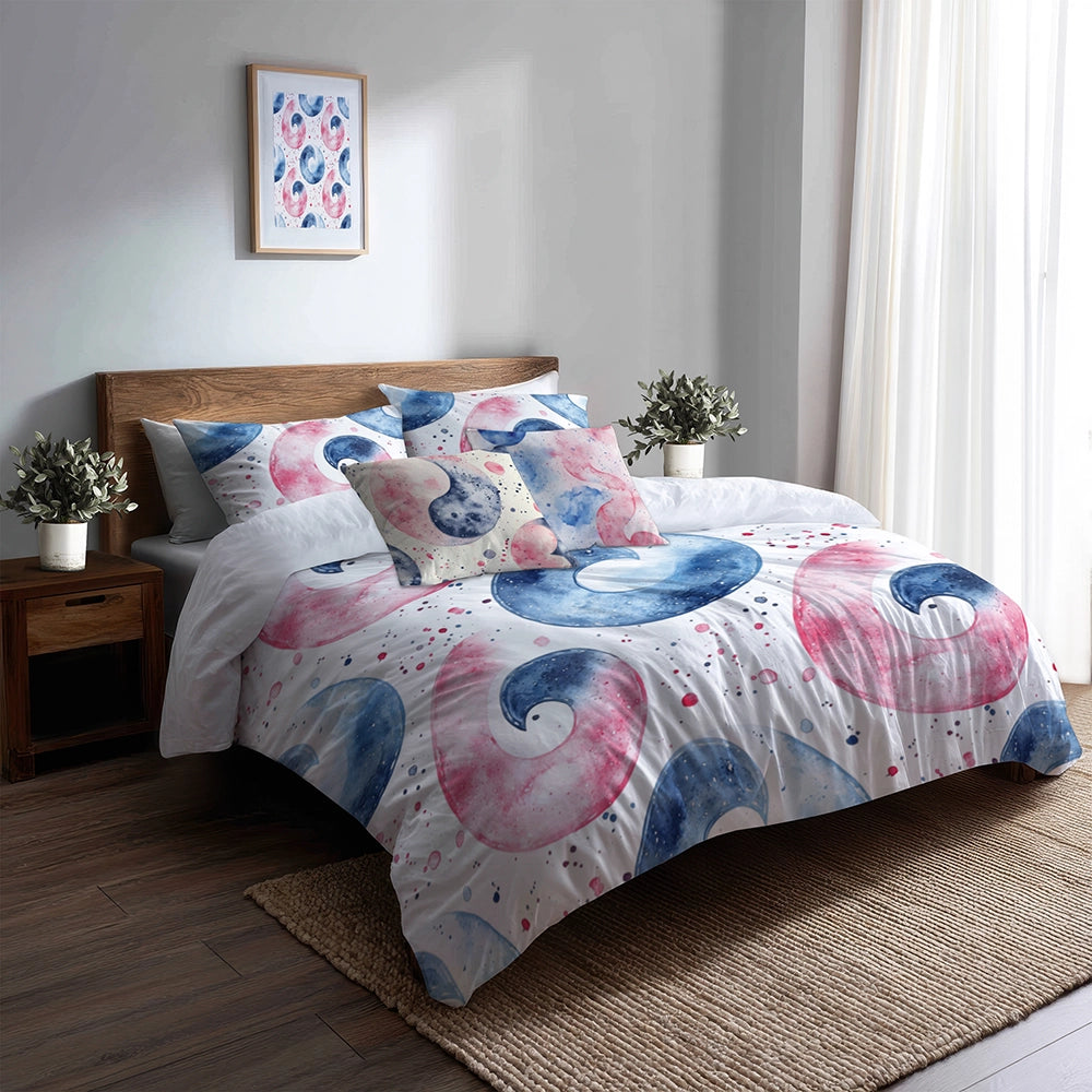 Geometric Bedding Set 5 Pcs - Pastel Yin Yang Duvet Cover And Throw Pillow Set