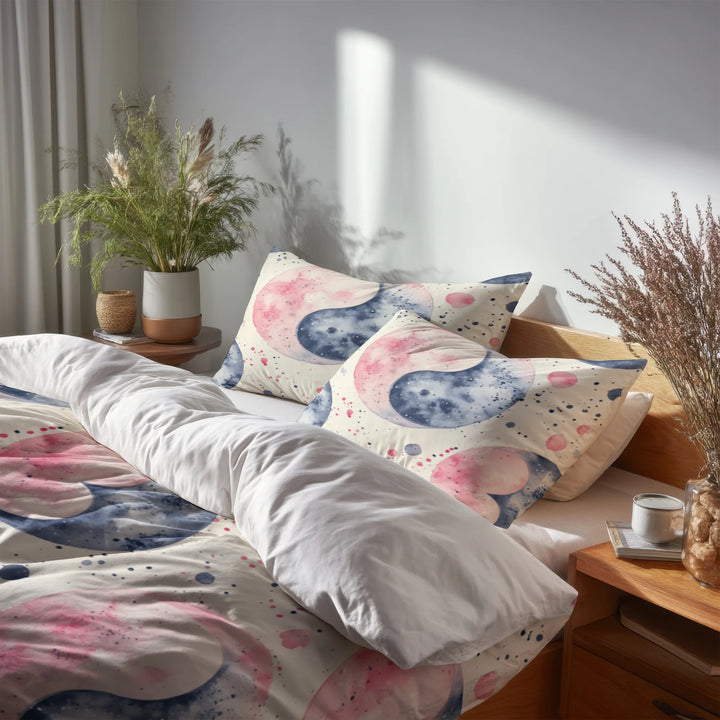 Modern Bedding Set of 5 - Pastel Yin Yang Duvet Cover And Throw Pillow Set