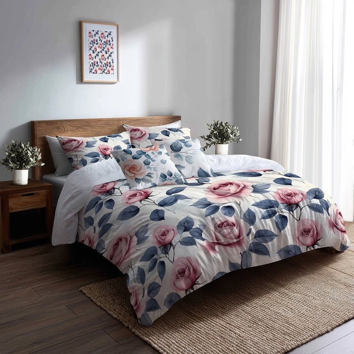 French Country Bedding Set - Pastel Rose Garden Duvet Cover And Cushion Set