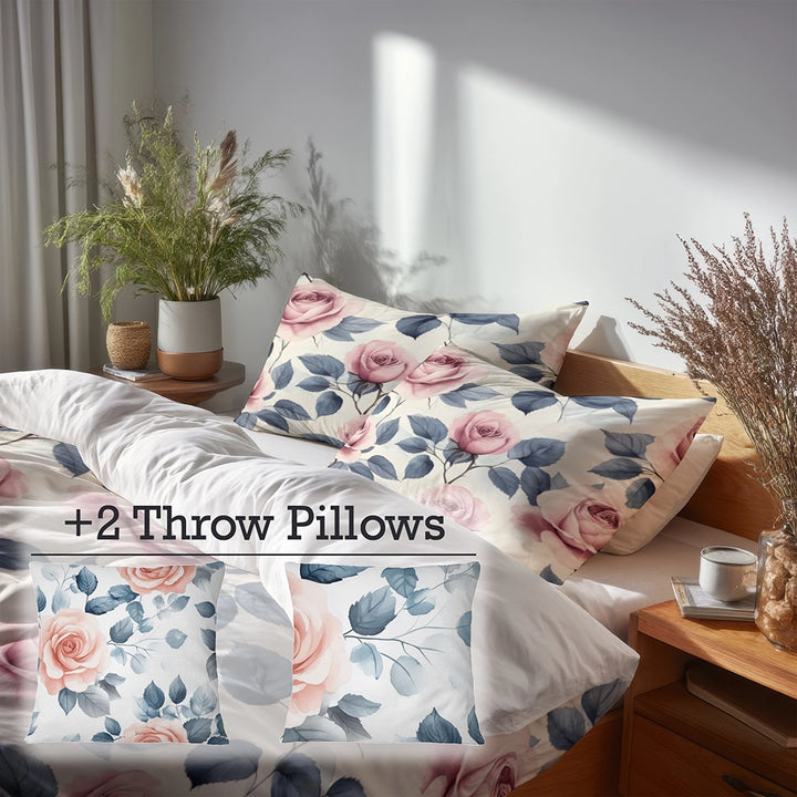 French Country Bedding Set - Pastel Rose Garden Duvet Cover And Cushion Set