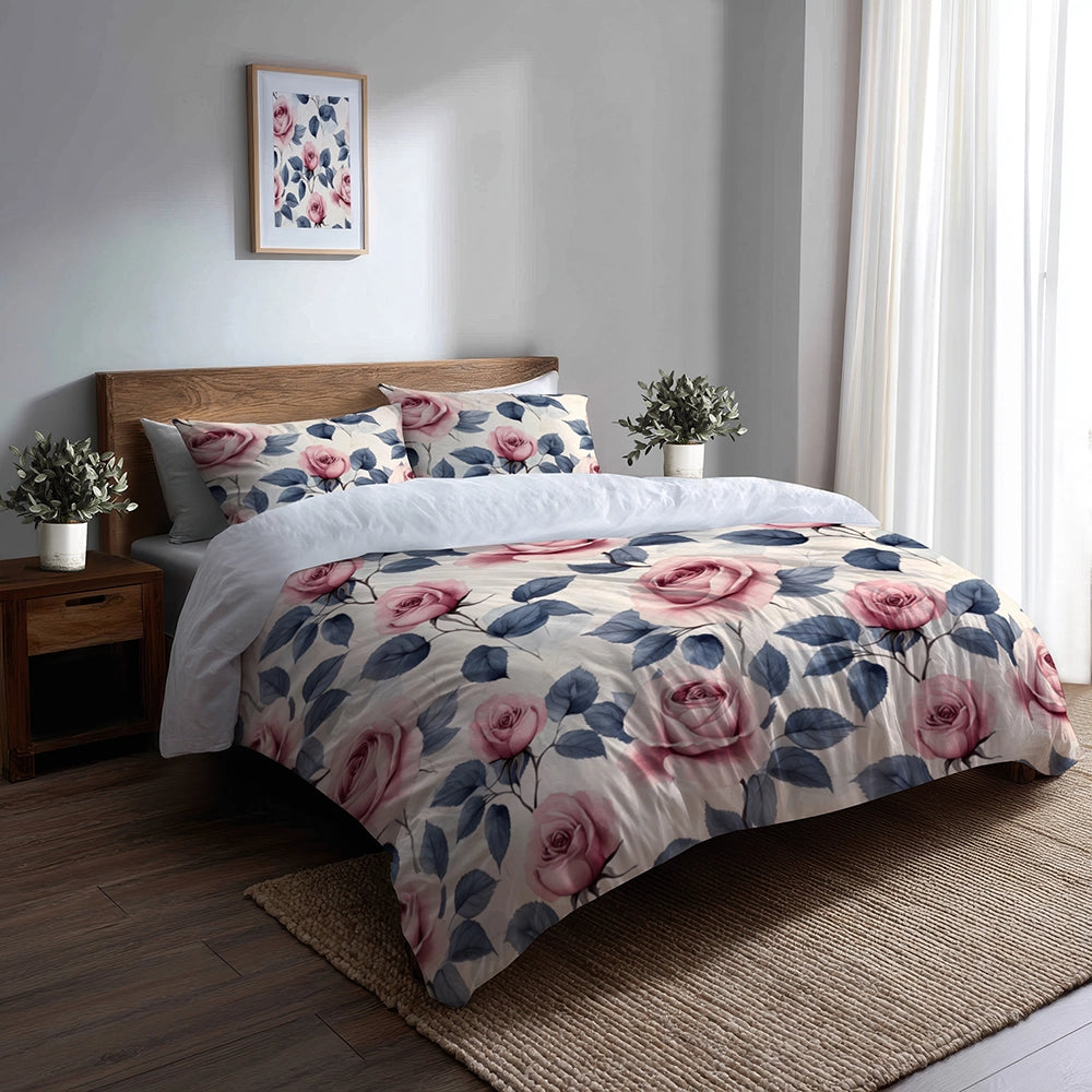 French Country Bedding Set - Pastel Rose Garden Duvet Cover And Cushion Set