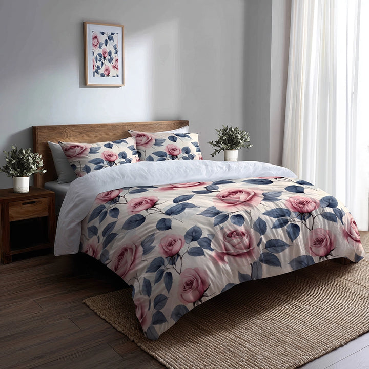 French Country Bedding Set - Pastel Rose Garden Duvet Cover And Cushion Set