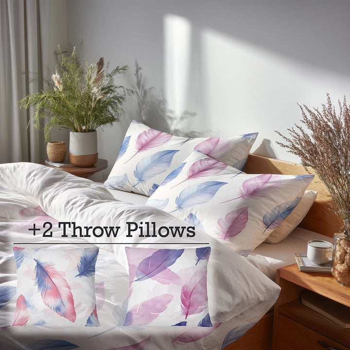 Boho Bedding Set of 5 - Soft Feather Drift Duvet Cover And Throw Pillow Set