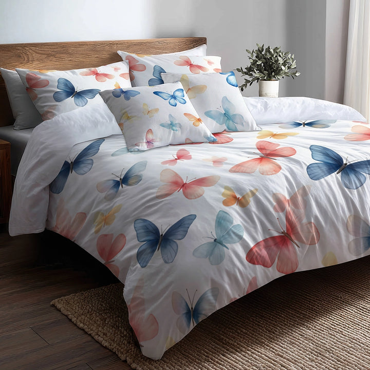 Animal Print Bedding Set 5 Pcs - Pastel Butterfly Trails Duvet Cover And Throw Pillow Set