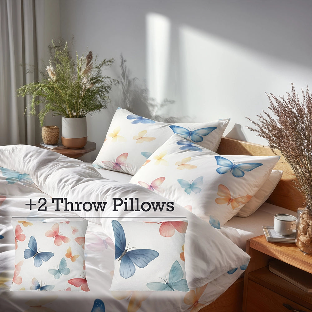 French Country Bedding Set - Pastel Butterfly Trails Duvet Cover And Cushion Set