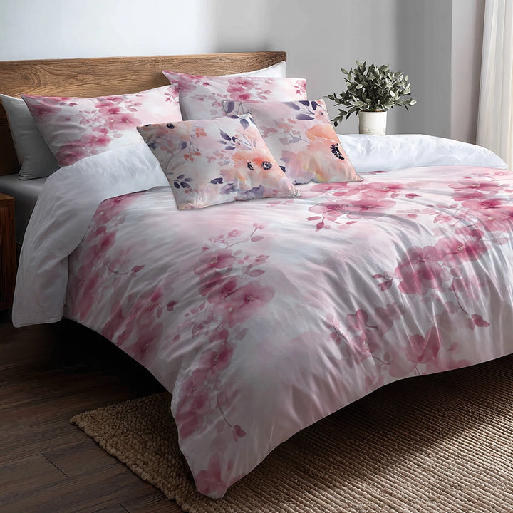Floral Duvet Cover Set of 5 - Pink Blush Garden Bedding And Throw Pillow Set