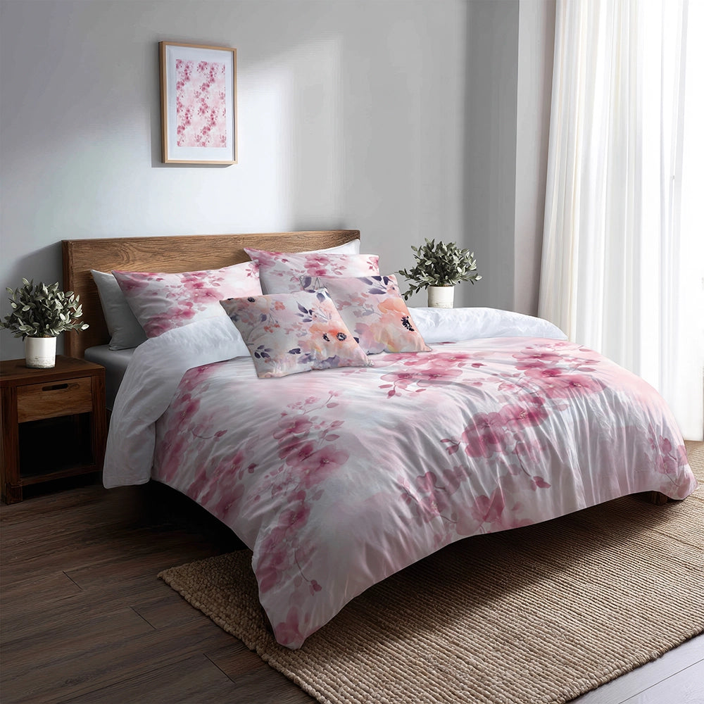 Floral Duvet Cover Set of 5 - Pink Blush Garden Bedding And Throw Pillow Set