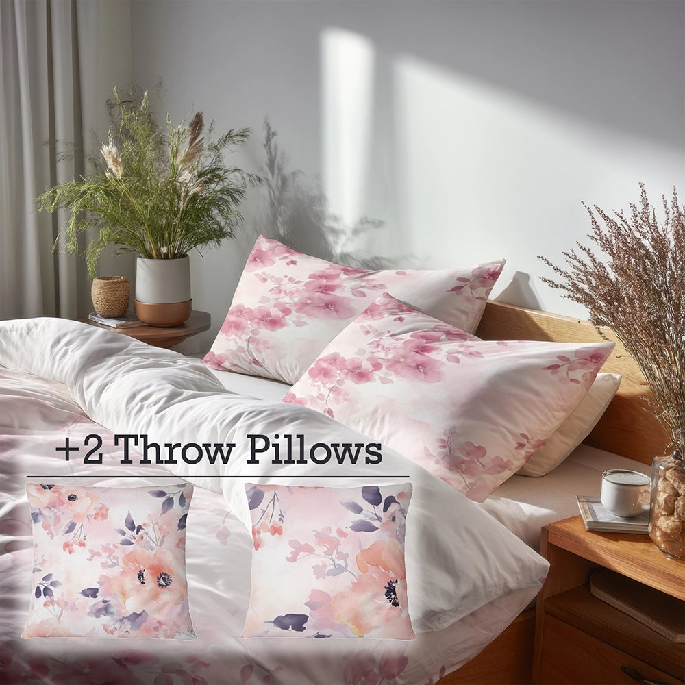 Floral Duvet Cover Set of 5 - Pink Blush Garden Bedding And Throw Pillow Set