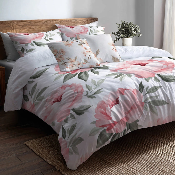 Floral Duvet Cover Set of 5 - Sweet Peony Bedding And Throw Pillow Set