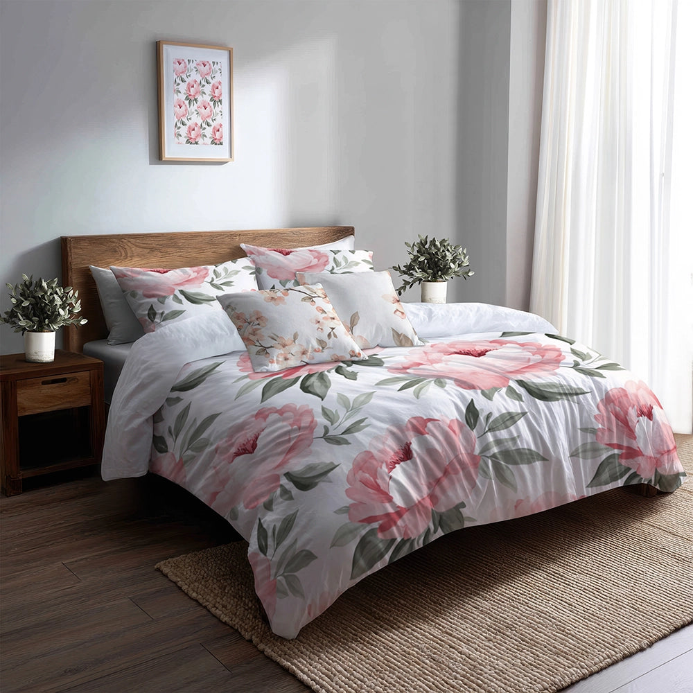 Floral Duvet Cover Set of 5 - Sweet Peony Bedding And Throw Pillow Set