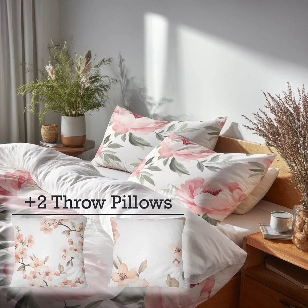 Floral Duvet Cover Set of 5 - Sweet Peony Bedding And Throw Pillow Set