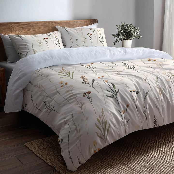 Floral Bedding Set 5 Pcs - Cottage Meadow Breeze Duvet Cover And Throw Pillow Set
