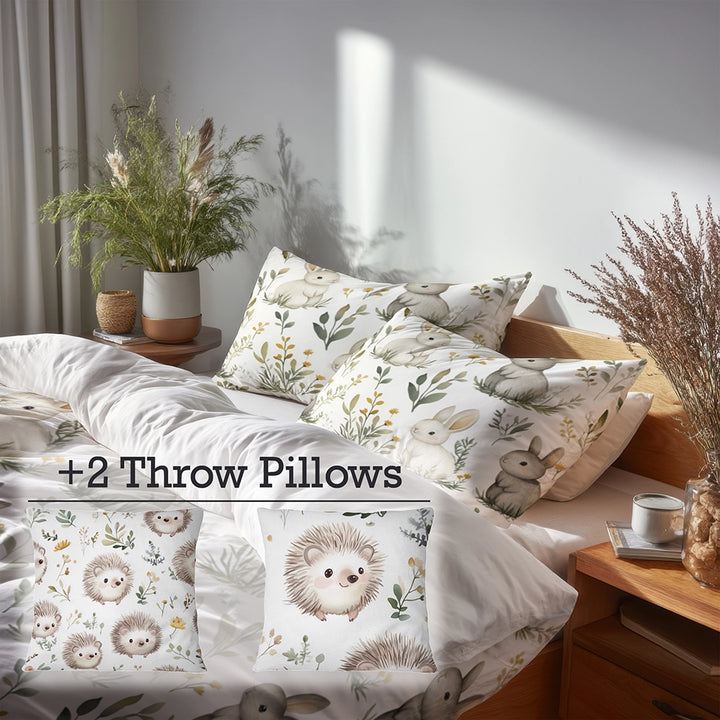 Country / Farmhouse Bedding Set of 5 - Bunny Garden Duvet Cover And Throw Pillow Set